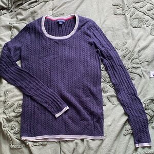 Tommy Hilfiger Navy Blue Cable-Knit Crewneck Sweater with Contrast Trim